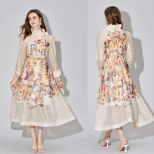 Divine Beauty Runway Fashion Silk Floral Print, Exquisite Lace Neck, Long Sleeve, A-Line Party, Prom, Wedding Guest Renaissance Dress (Apricot)